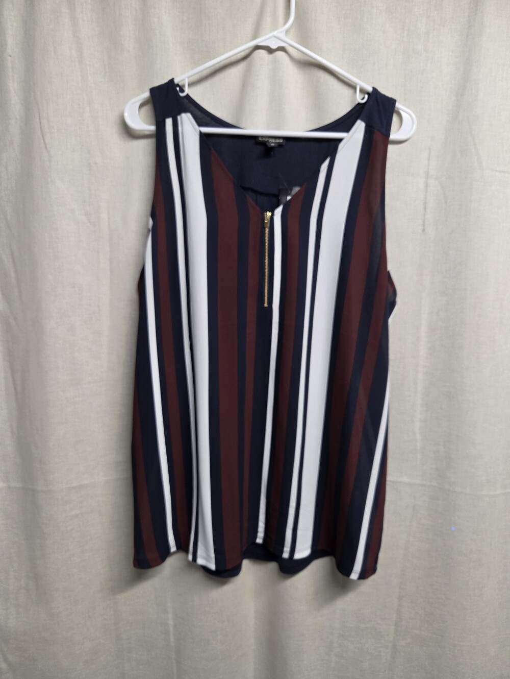 Express Sleeveless Striped Zip-Front Top - Navy, Burgundy & White